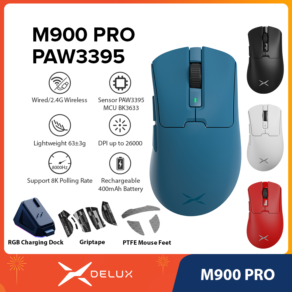 Delux M900 PRO PAW3395 Blue Gaming Mouse DPI MAX 26000 Wired 2.4G ...