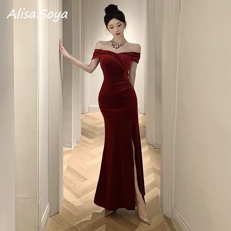 Velvet Party Wear Dress Women Sleeveless One Shoulder Wrap Velvet Midi  Dresses
