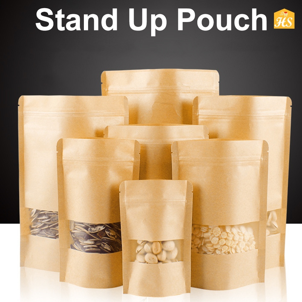HS 100pcs Kraft Brown Stand Up Pouch with Zip Lock Paper Bag Ziplock ...