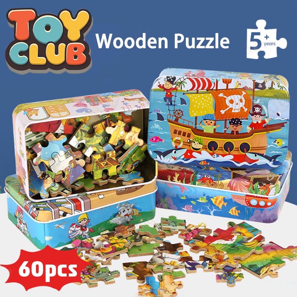 60 Piece Kids Puzzle Cartoon Wooden Puzzle With Iron Box Wooden Jigsaw ...