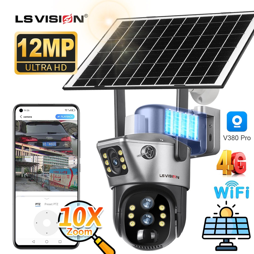 LS VISION V380 6K 12MP 4G Sim Card Dual Screens 10X Zoom Solar CCTV ...
