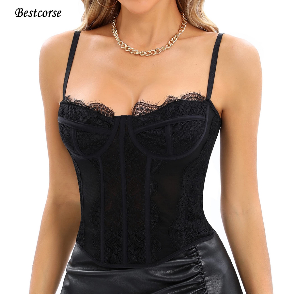 Korset Top,Vrouwen Bustiers Vintage Beige Bustier Corset Tops V-Hals Rose Bloemenprint Pure Kant Sexy Tank Top Taille Clincher Sexy Body Shaper Korsetten Voor Meisje Bruid Party Gothic Cosplay, L