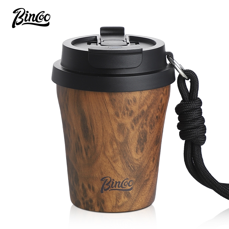 BINCOO Wood-grain Inner-coated Ceramic Coffee Cup Stainless Steel Thermos  Cup Portable for Outdoor Car Use 280ML/500ML