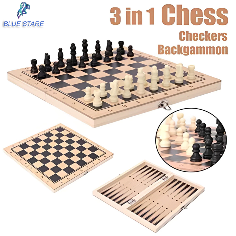 Wooden Chess board 3 In 1 Chess Checker Set Folding Board Chess Game ...