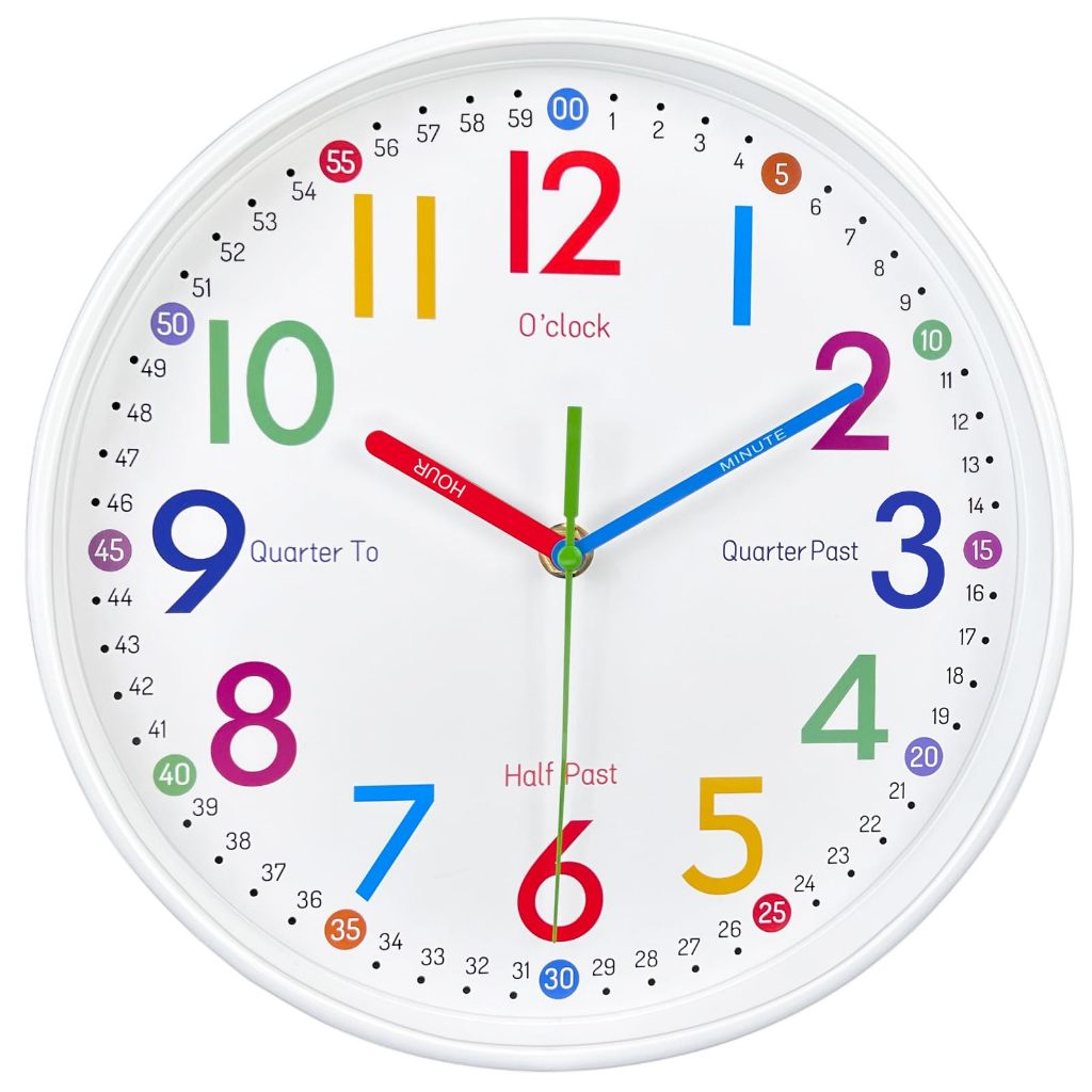 10 inch Kids Wall Clock, Teaching Clock for Kids, Silent Analog Clock ...