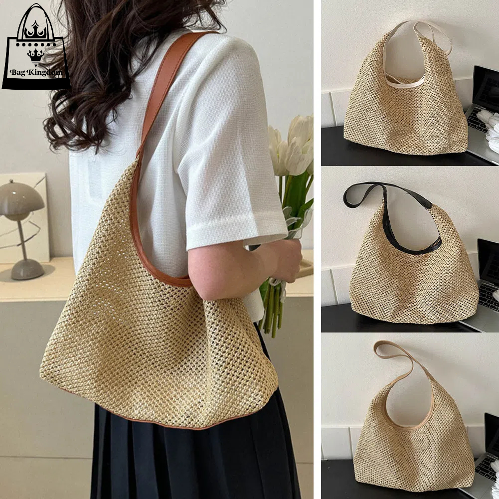 Rattan Handbag Women's Fashionable Beach Bag Straw Retro Bag Hand Woven ...
