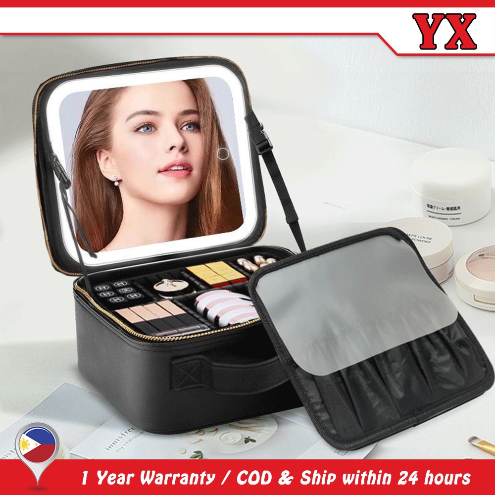 Fashion Makeup Bag With Mirror Tricolor LED Light Organizer Cosmetic Pouch  Large Capacity Portable