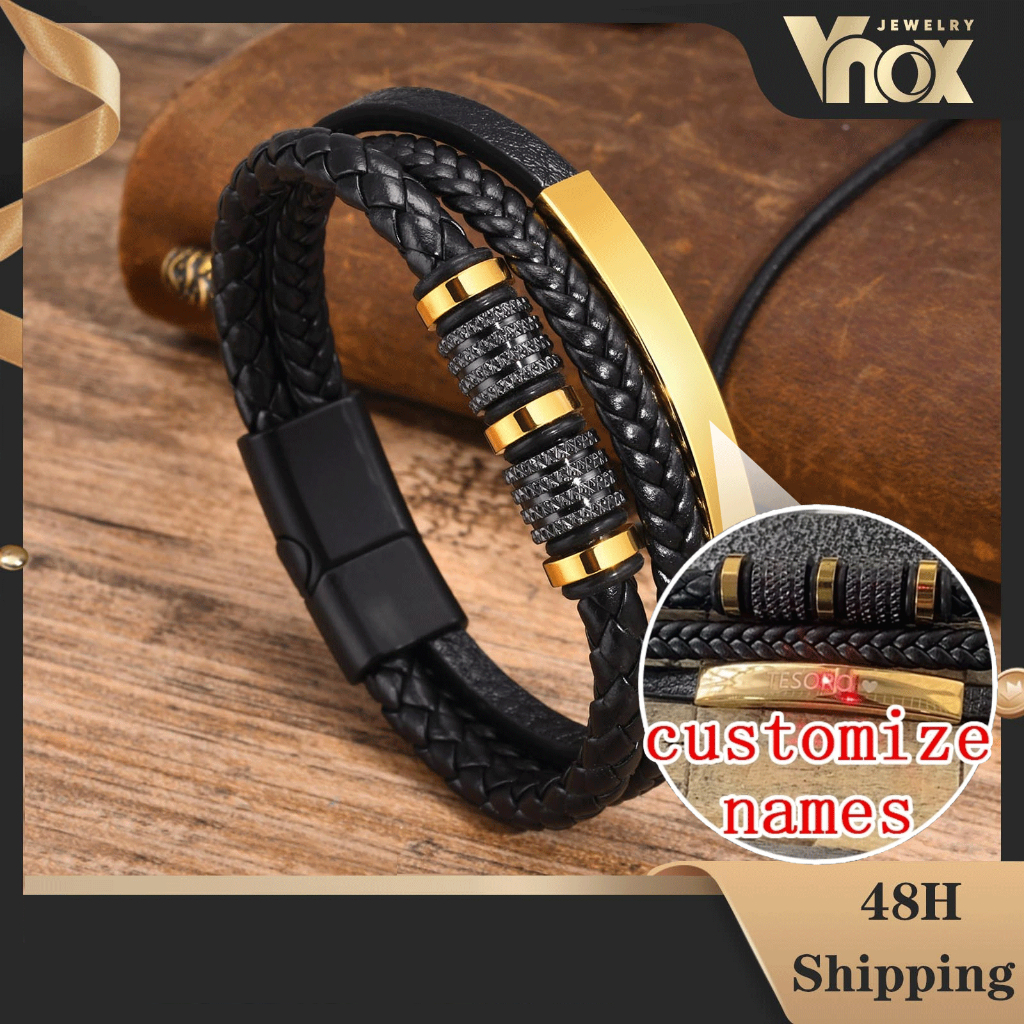 Vnox【Personalized Bracelet】Custom Magnetic PU Leather Bracelets for Men ...
