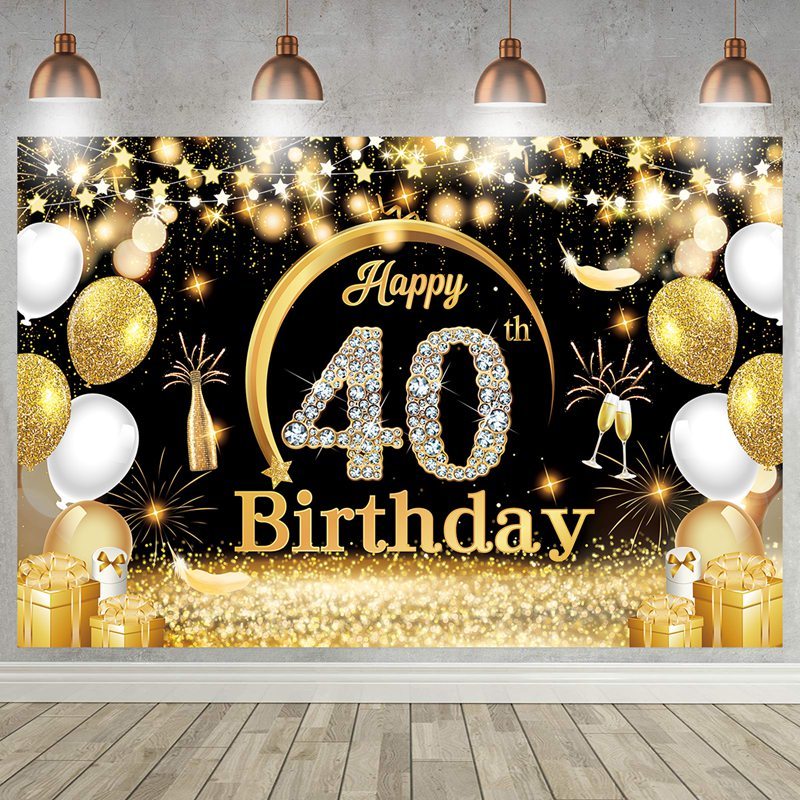 40th Black Golden Happy Birthday Backdrop 150*100cm Polyester Birthday ...
