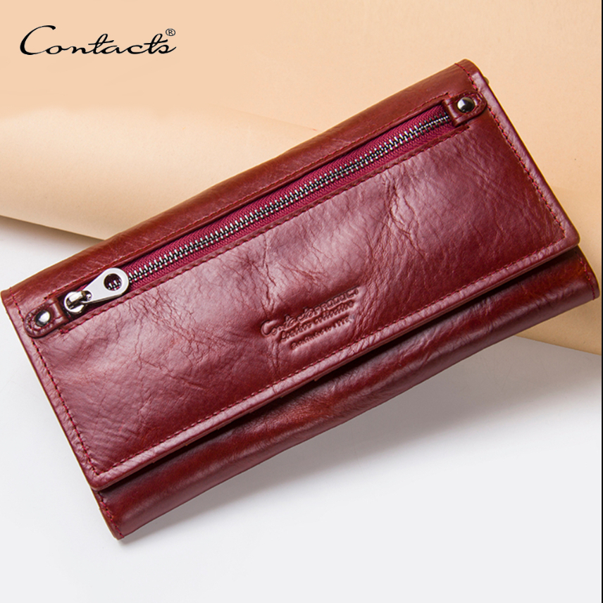 CONTATC'S Women's Genuine Leather Long Wallet Brand Design Small Purse Card  Holder Female Wallets Coin