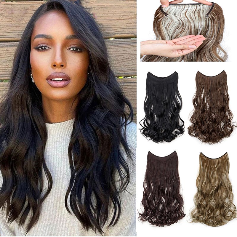 18 Inch Long Curly Hair Extensions Wired Invisible Fishing Line Secret ...