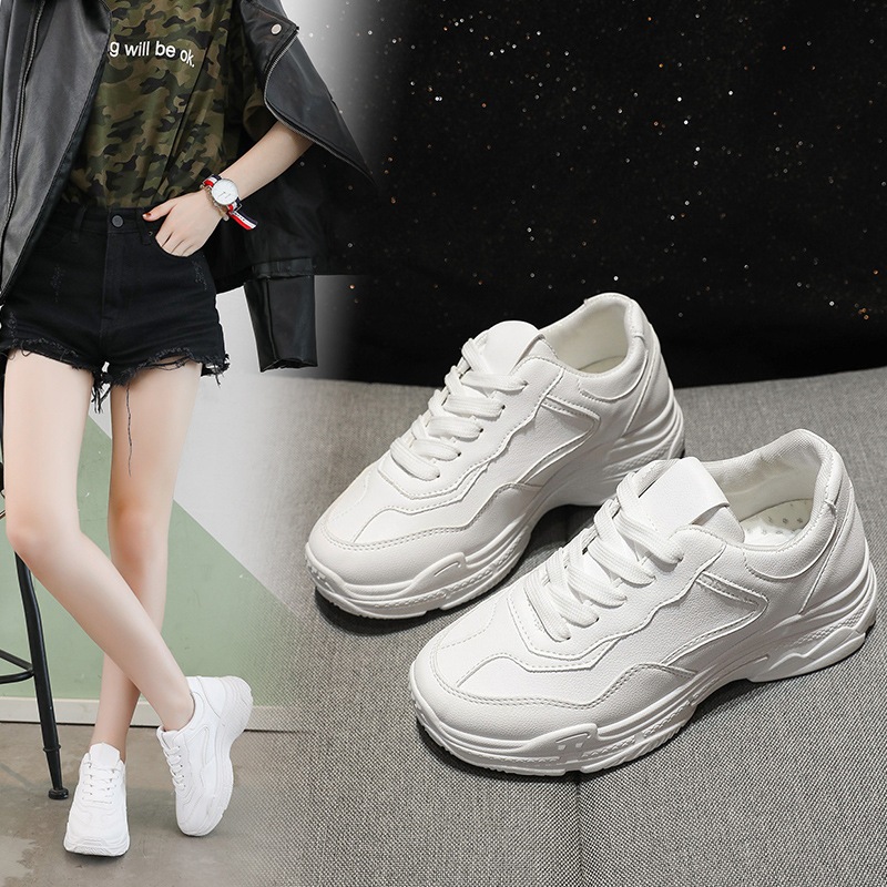 New height increasing thick soled sports shoes, white casual women's shoes