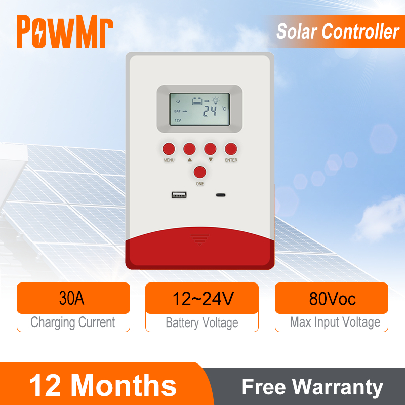 PowMr 30A MPPT Solar Charge Controller USB/Type-C Interface Solar Panel ...