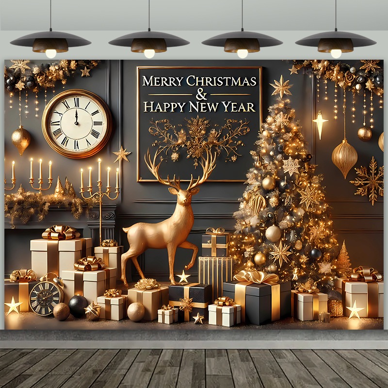 Merry Christmas and Happy New Year Photography Backdrop Black Gold ...