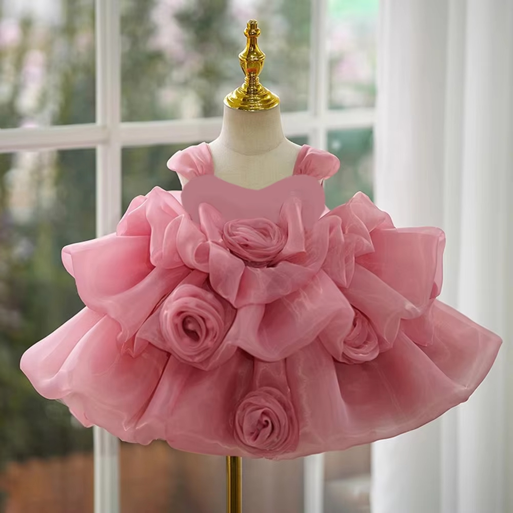 Pink Flower Baby Girl 1st Birthday Party Dress Fluffy Layered Lace Wedding  Baptism Prom Princess Dresses Bridemaid Kids Clothing L2263XZ