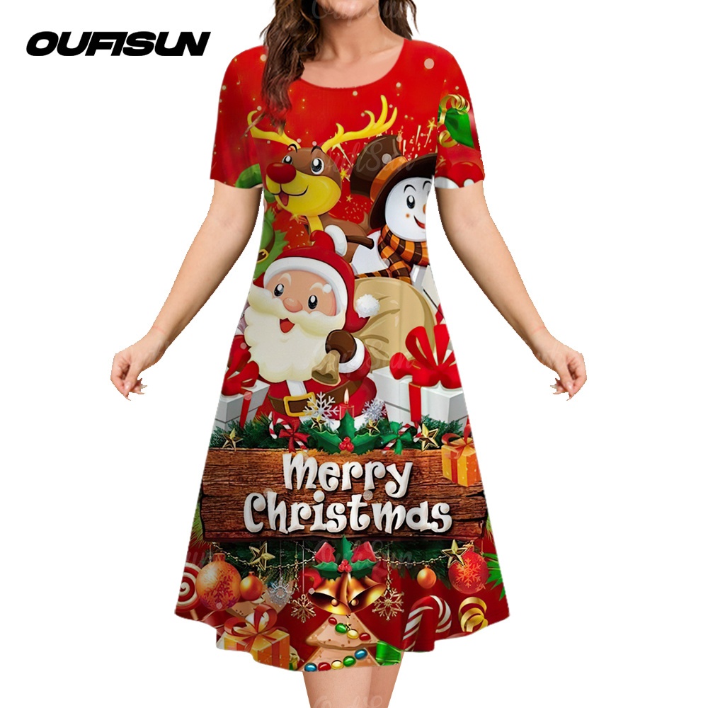 Women's Santa Claus printed dress, festive red atmosphere Merry