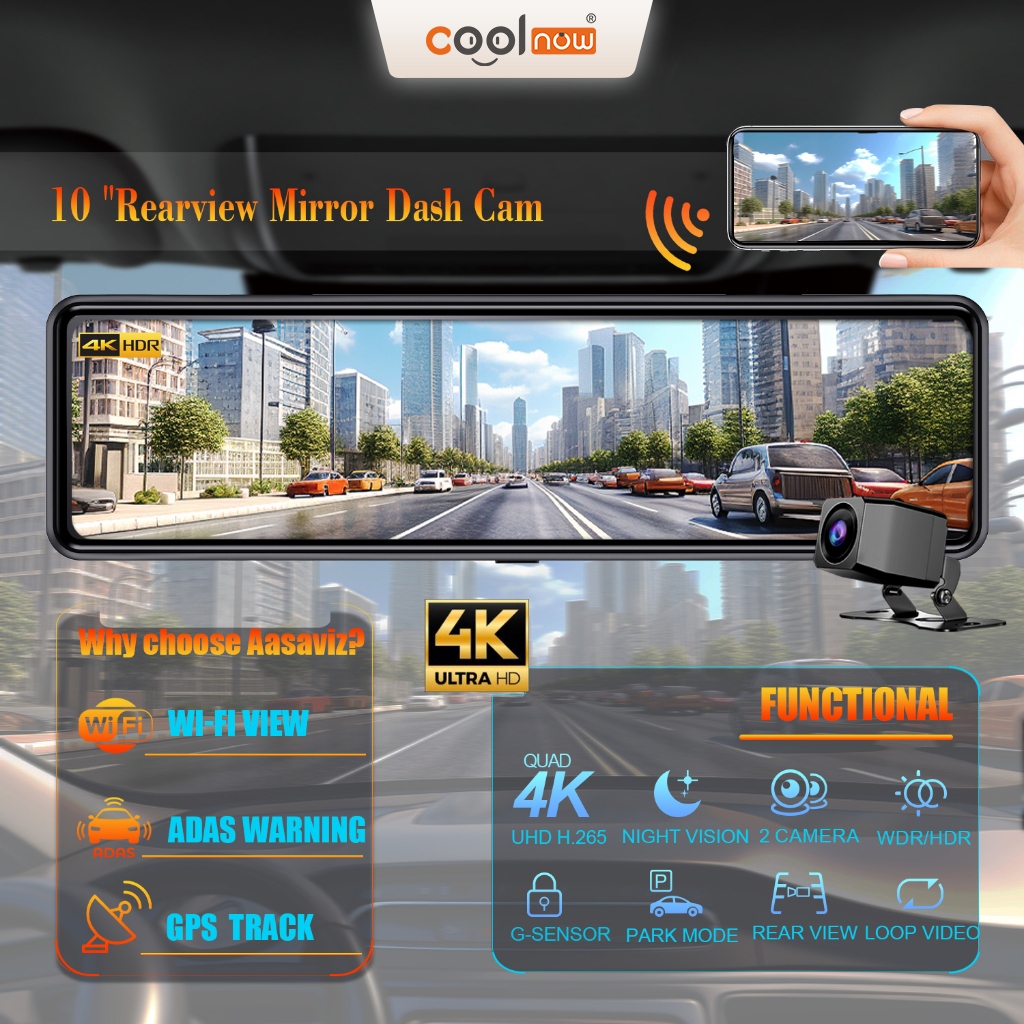 4K Rearview Mirror Dash Cam WIFI GPS ADAS Car Camera Driving Recorder ...