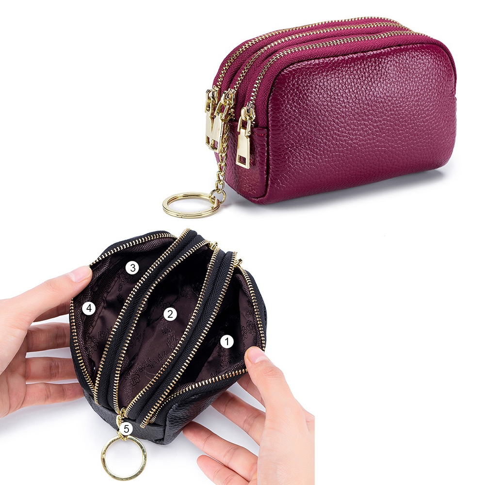 YILIA C40 Women 3-layer Zipper High-capacity Wallet Genuine Leather Coin Purse Card Case With Keychain | Shopee Philippines