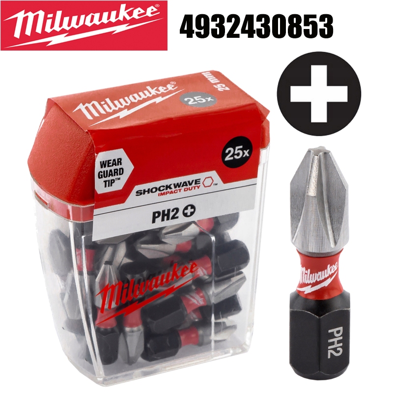 Milwaukee PH2 25MM Impact Bits 25 Pack SHOCKWAVE High Hardness Electric ...