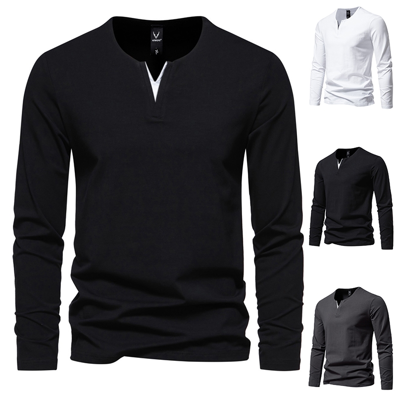 Long Sleeve T-Shirt Men's Pure Cotton V-Neck Henry Shirt | Shopee ...