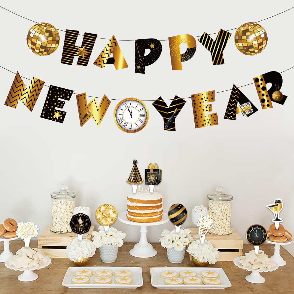 2025 Happy New Year Banner New Year Spiral Ornaments New Year Party