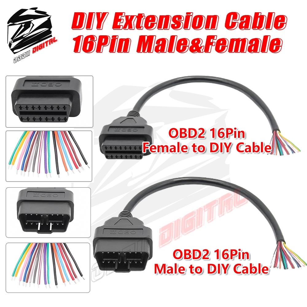 OBD2 16Pin Male & Female to DIY Extension Cable OBDII Diagnostic Tool ...