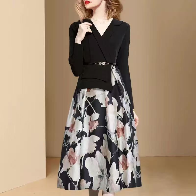 Elegant Long Sleeve Splicing Dress Fashion Floral Woman Spring Autumn ...