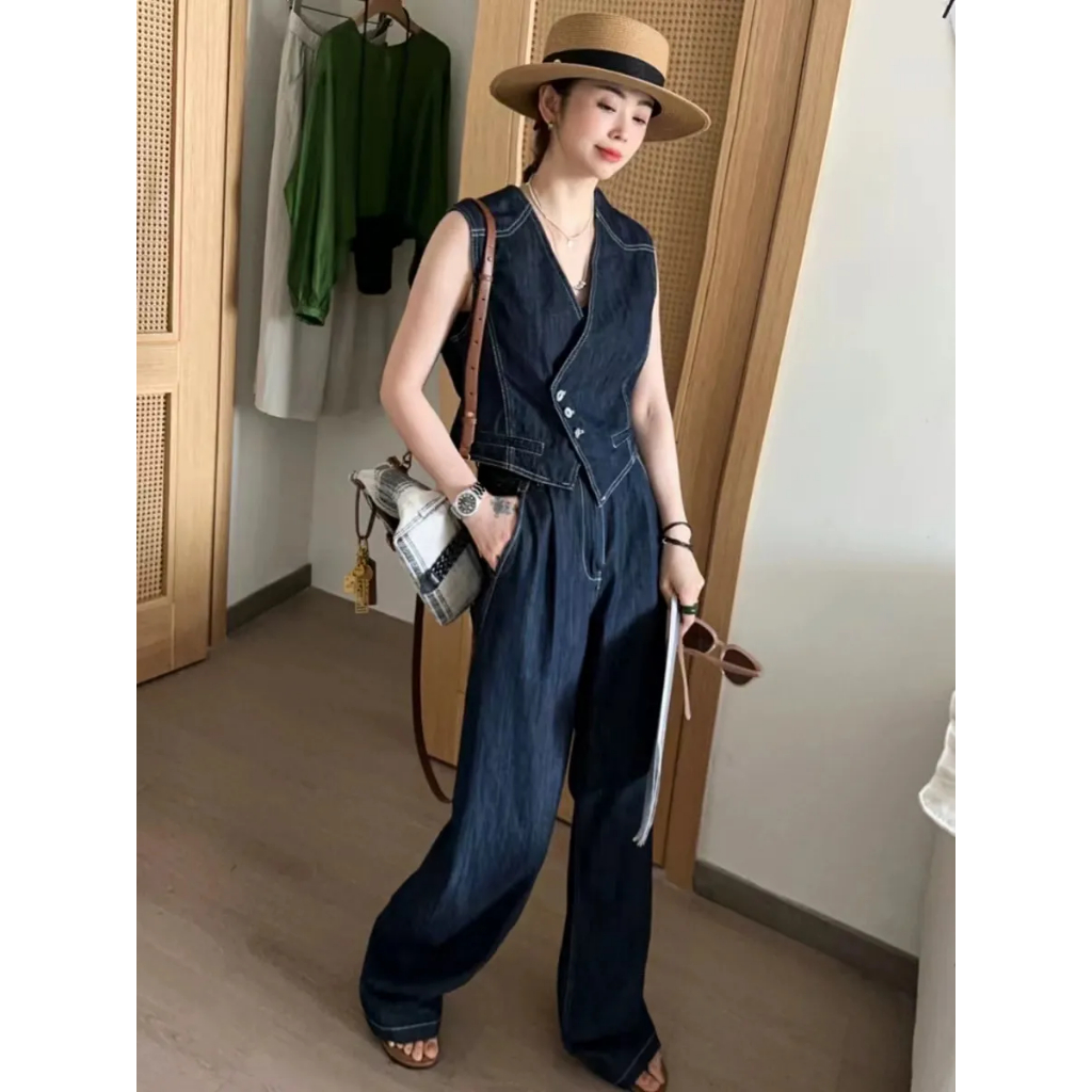 Button Down Vest and Wide Leg Jeans Denim Set