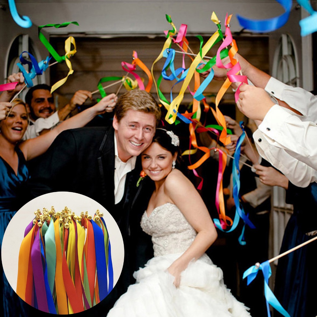 EMOBOY 10Pcs Handheld Ribbon with Wooden Stick Bell Wedding Party Props ...
