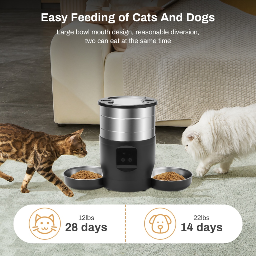 4.5L automatic cat feeder, stainless steel double bowl dog feeder, Tuya ...