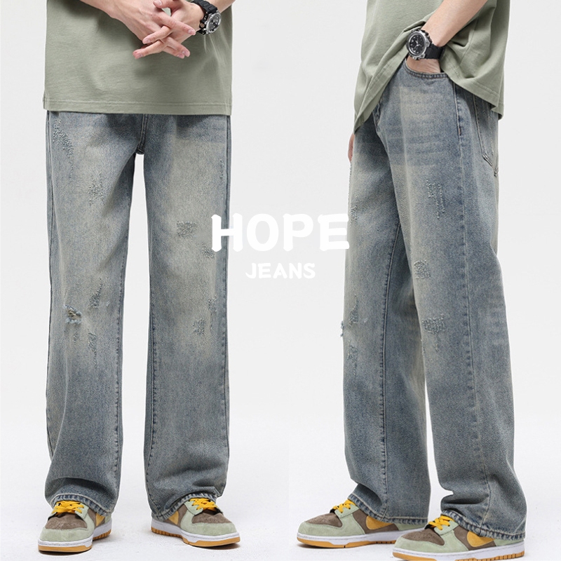 Pants for Men Denim Pants Plain Slim Straight Fit Long jeans Retro Blue ...