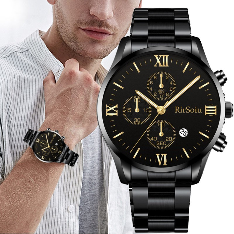 RirSoiu Brand Original Men Quartz Watch Stainless Steel Waterproof Mens  Fashion Wristwatch Men Calendar Watch for Men Relo for Men