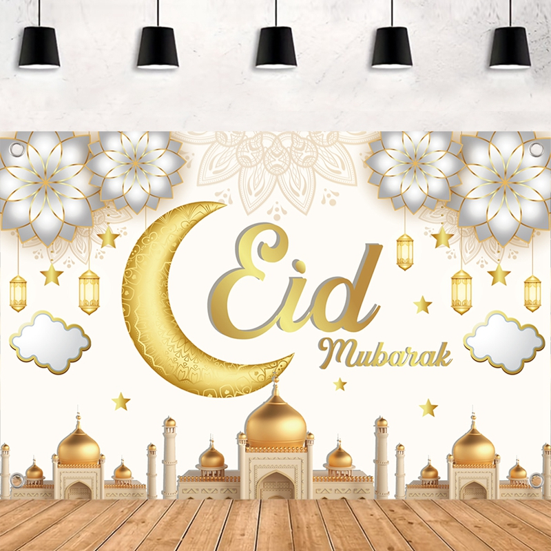 150*100CM White Gold Eid Mubarak Banner Moon Star Hexagonal Lantern ...
