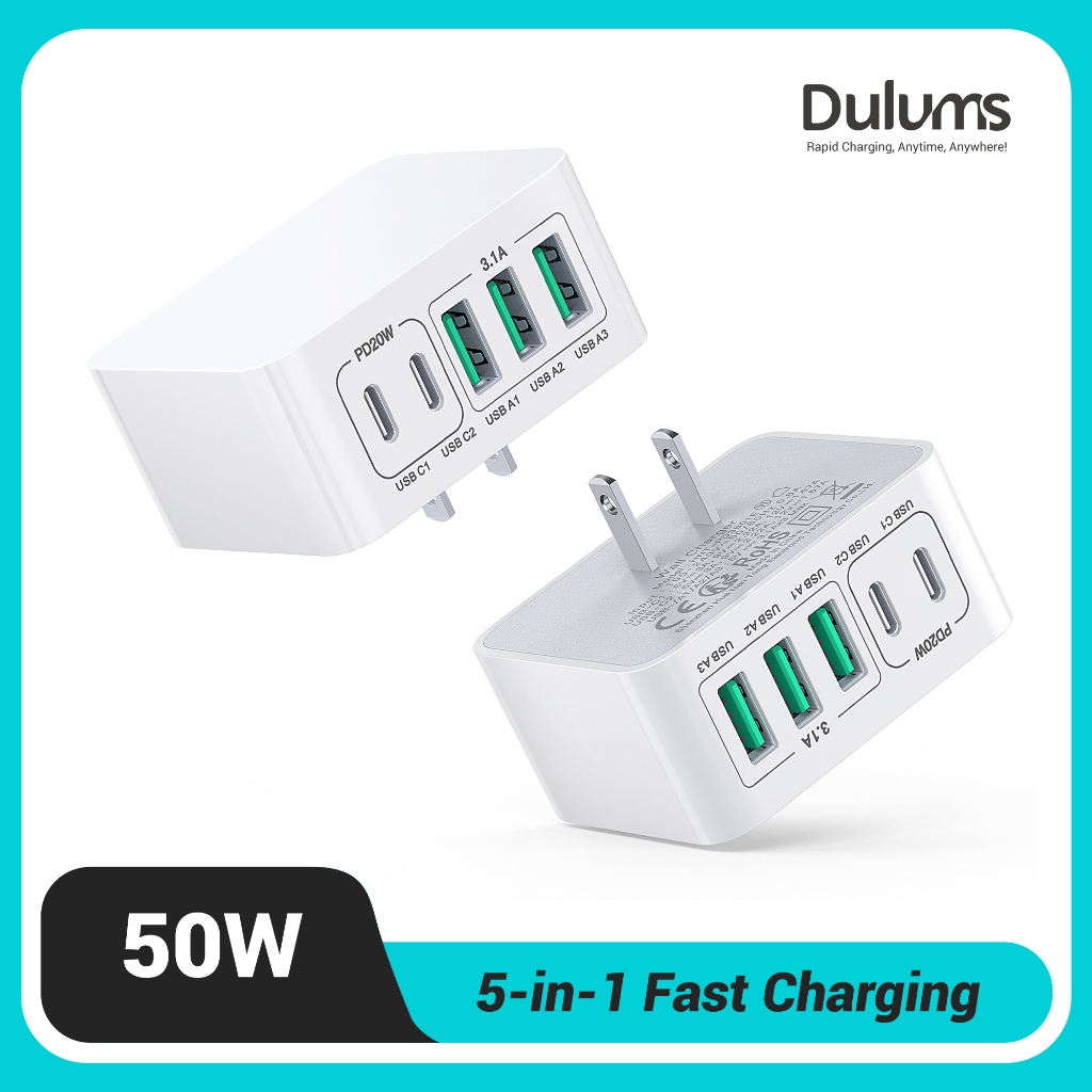 USB C Wall Charger Block 50W Thin Flat Cube, 5-Port Type C Charging ...