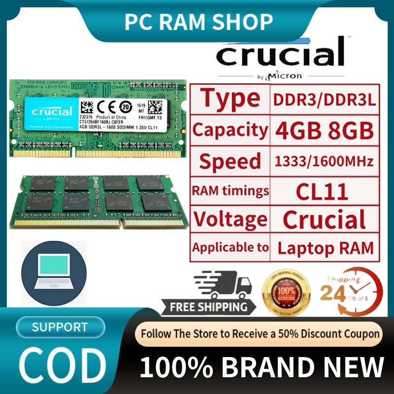 Crucial Laptop DDR3 RAM 8GB 4GB SODIMM 1600Mhz 1.35V 1.5V DDR3L PC3L ...