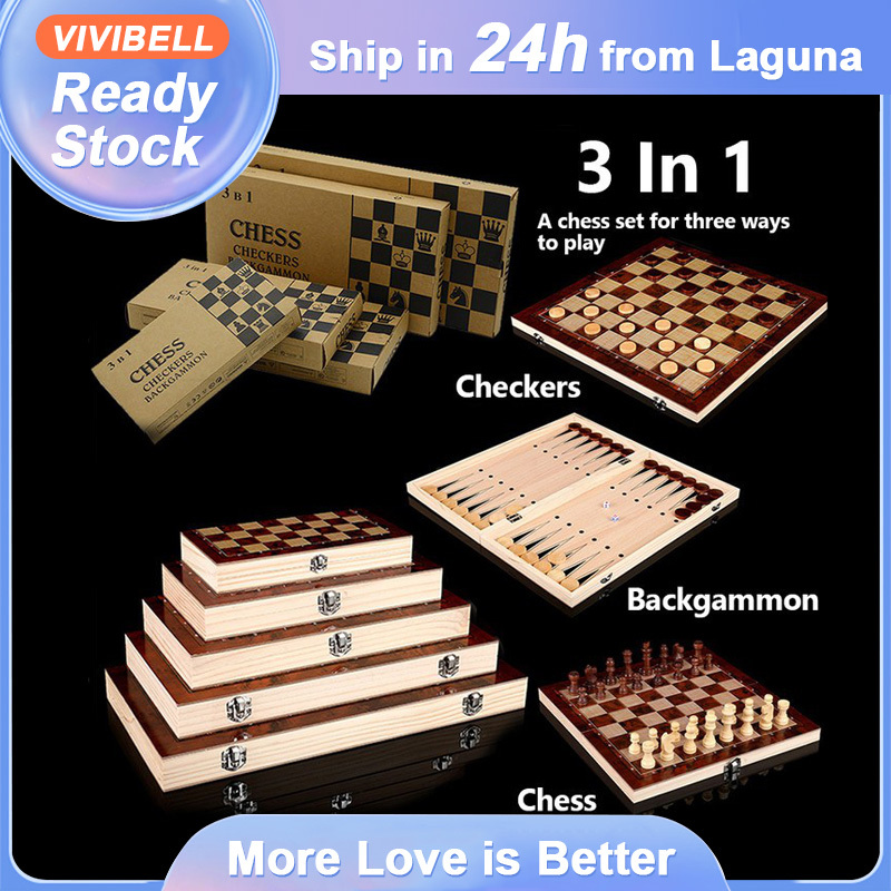 【Ship in 24h】 3 in 1 Wooden Chess Set Folding Chess Board Tournament ...