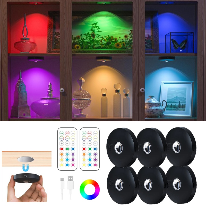 (6 Pack)Rechargeable Puck Lights with Remote Control,1200mAh RGB ...