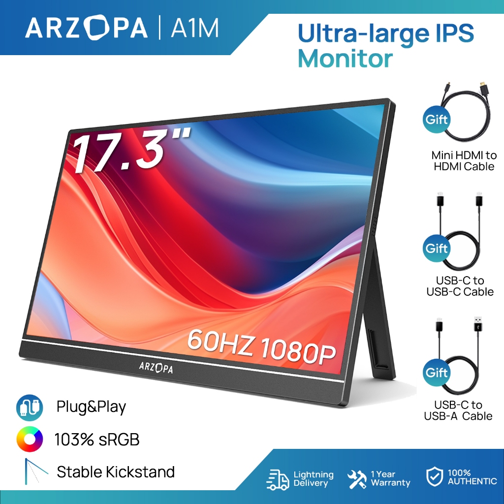 ARZOPA 17.3'' A1M Portable Monitor, 1080P FHD HDR IPS Laptop Computer ...