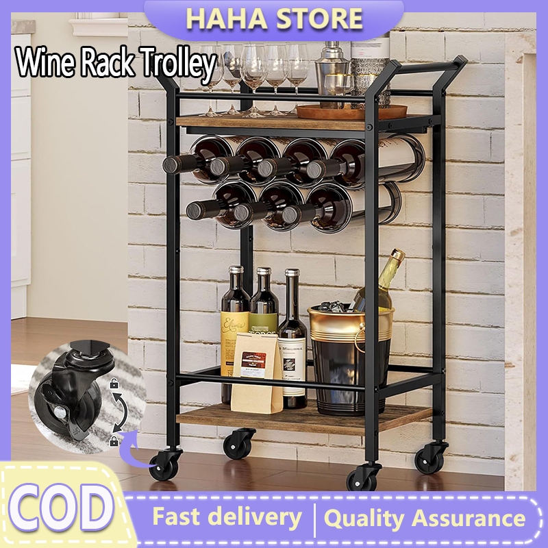 2-Tier Wine Rack Bar Cart Trolley With Bottle Organizer Wood Storage ...