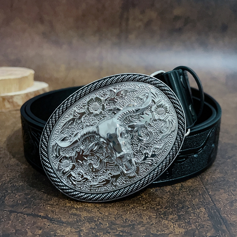 Western Cowboy PU Leather Belt Men's and Women's Belt Silver Bull Head  Buckle Decorative Flower Carving Jeans