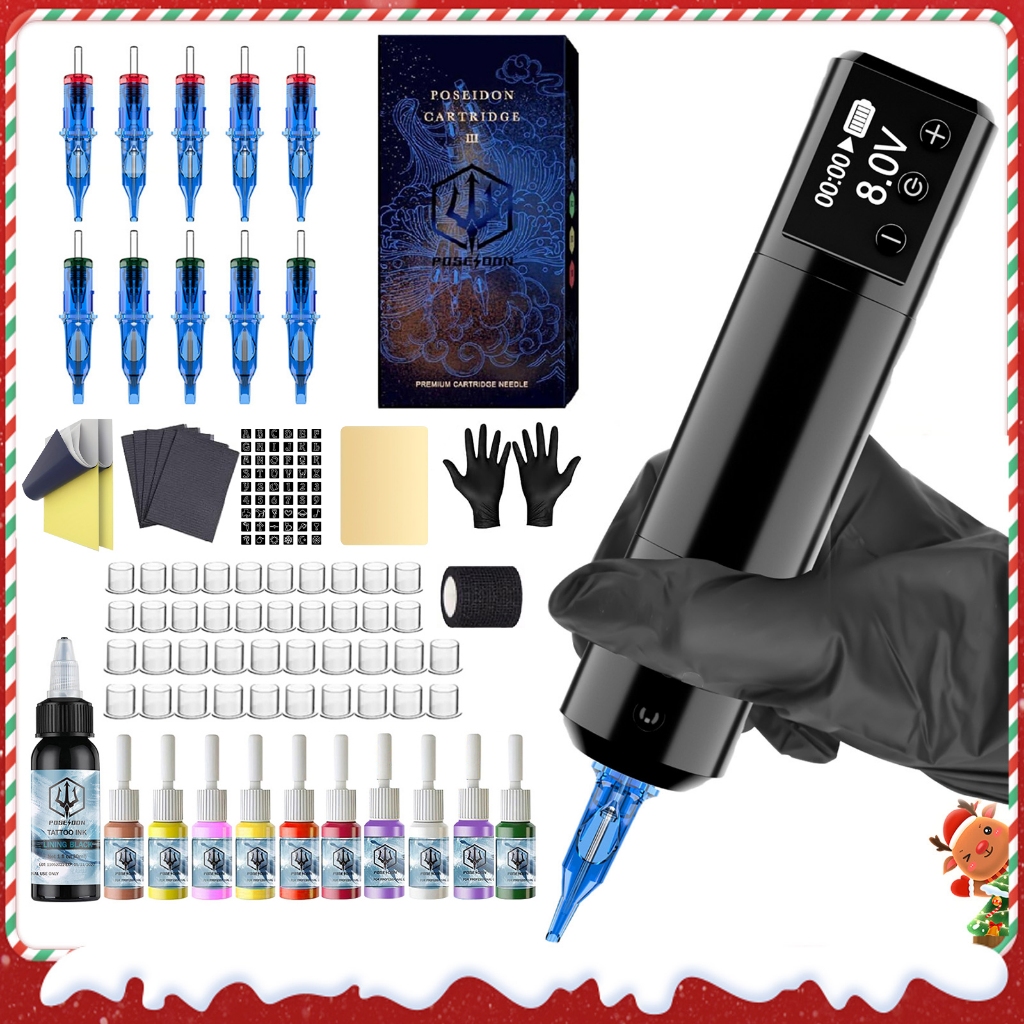 POSEIDON Tattoo Kit-Tattoo Pen with 10Pcs Cartridge, Wireless Tattoo ...