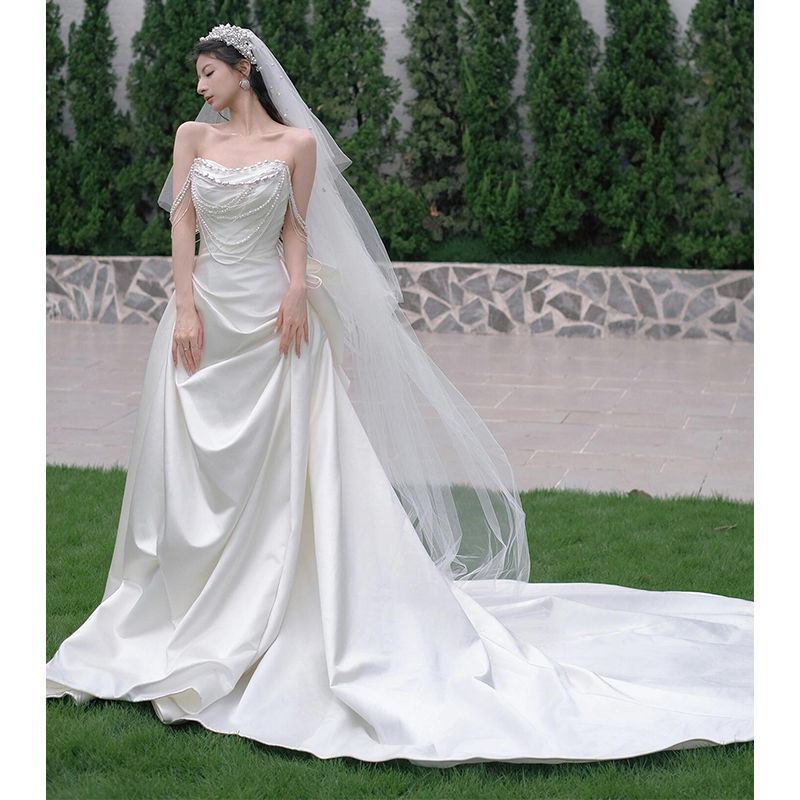 婚纱off-Shoulder Satin Light Wedding Dress High-Grade Pearl Tassel Mori ...