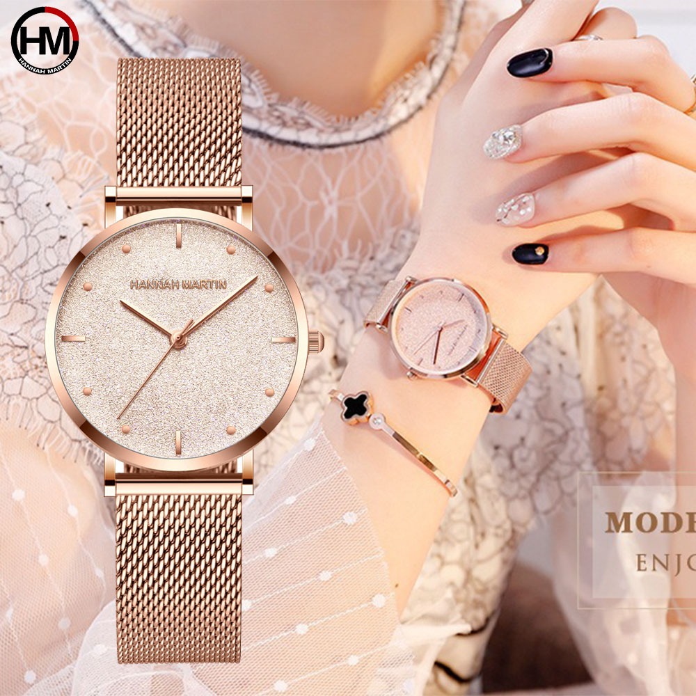【Free box】Hannah Martin watch for woman Fashion Waterproof Stainless Steel  Mesh Belt watch for women