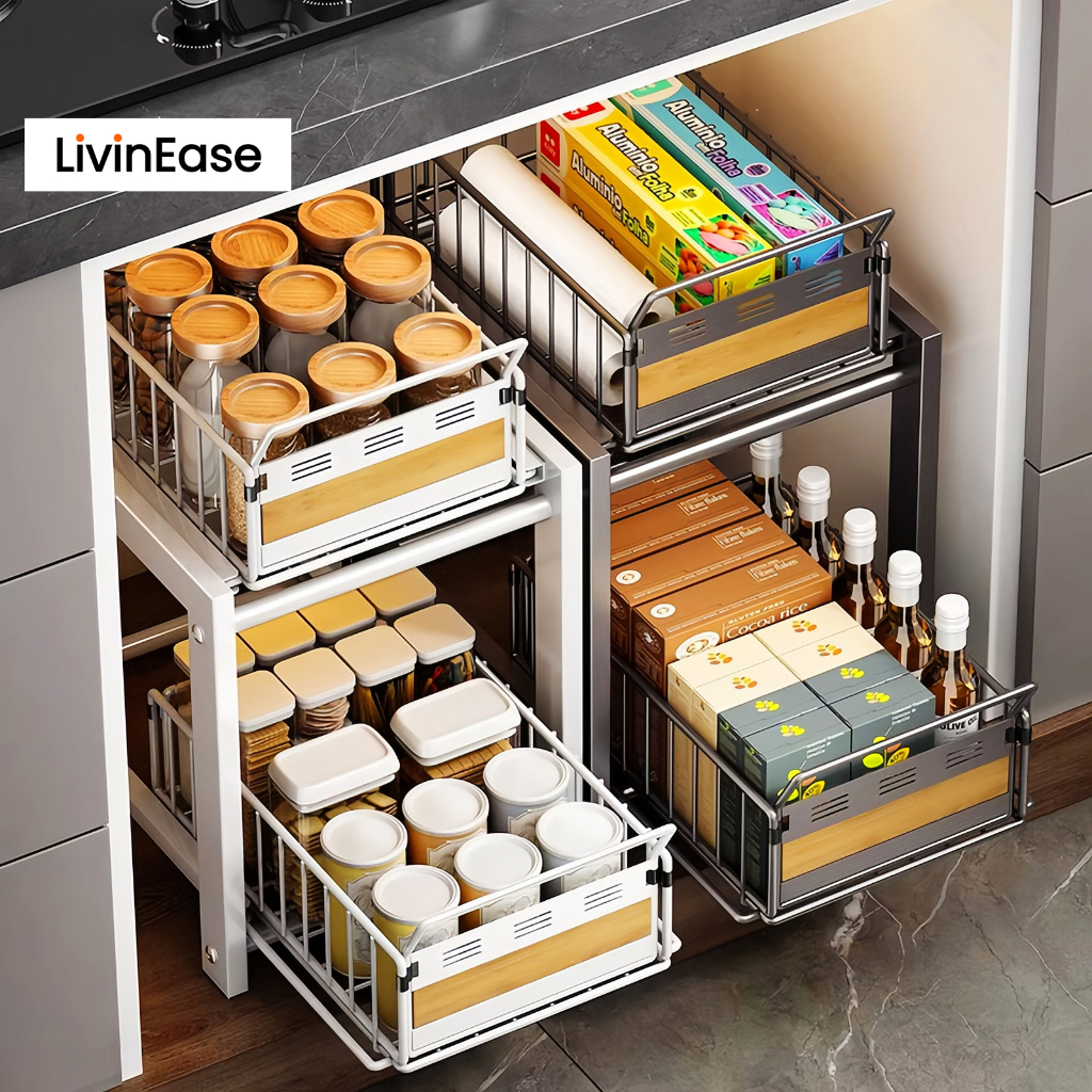 LivinEase Pull Out Basket Under Sink Kitchen Rack Organizer Cabinet ...