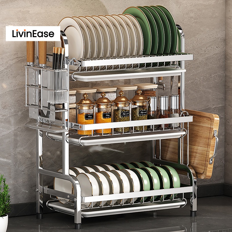 LivinEase 56cm 2/3 Layers Dish Rack Stainless Steel Dish Drainer Rack ...