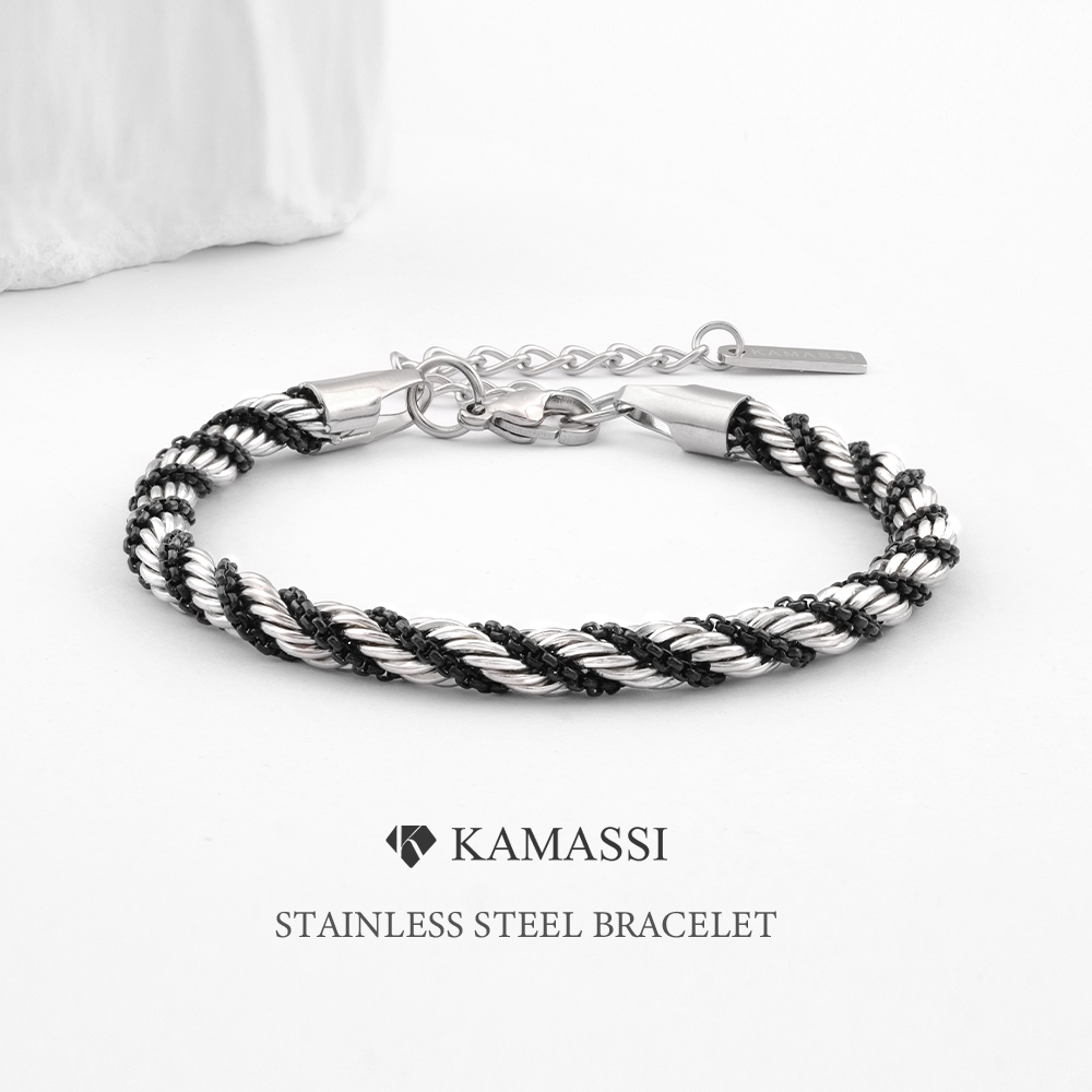 KAMASSI Stainless Steel Black Silvery Braided Bracelet Unisex ...