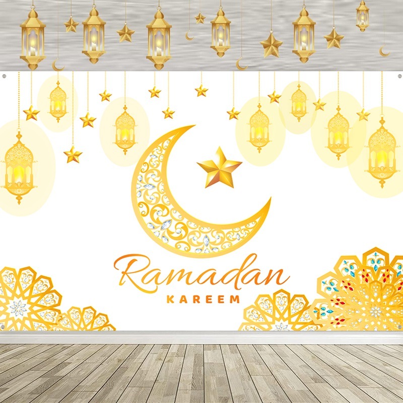 【New】1.5*1M White Gold Eid Backdrop Moon Star Banner Eid Mubarak ...