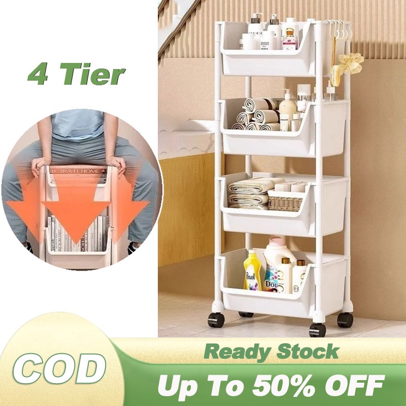 4 Tier Rolling Book Shelf Organizer Rack Kitchen Rack With 360 ...