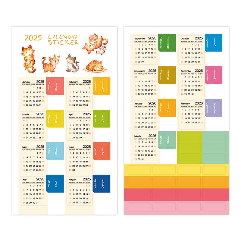 20252026 Calendar Stickers Kawaii Cats Monthly Planner Index Stickers