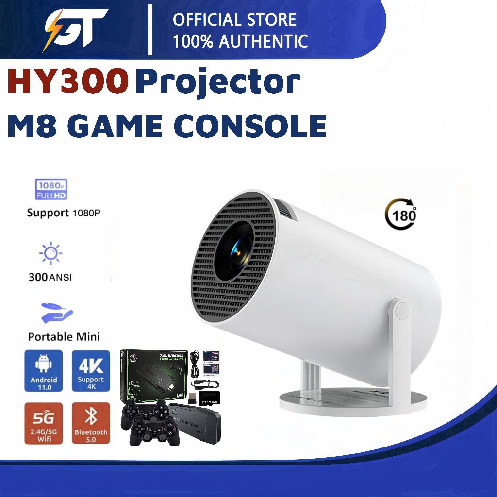 HY300 portable projector+M8 game console set 4K HD Android 11.0 5G Wifi ...